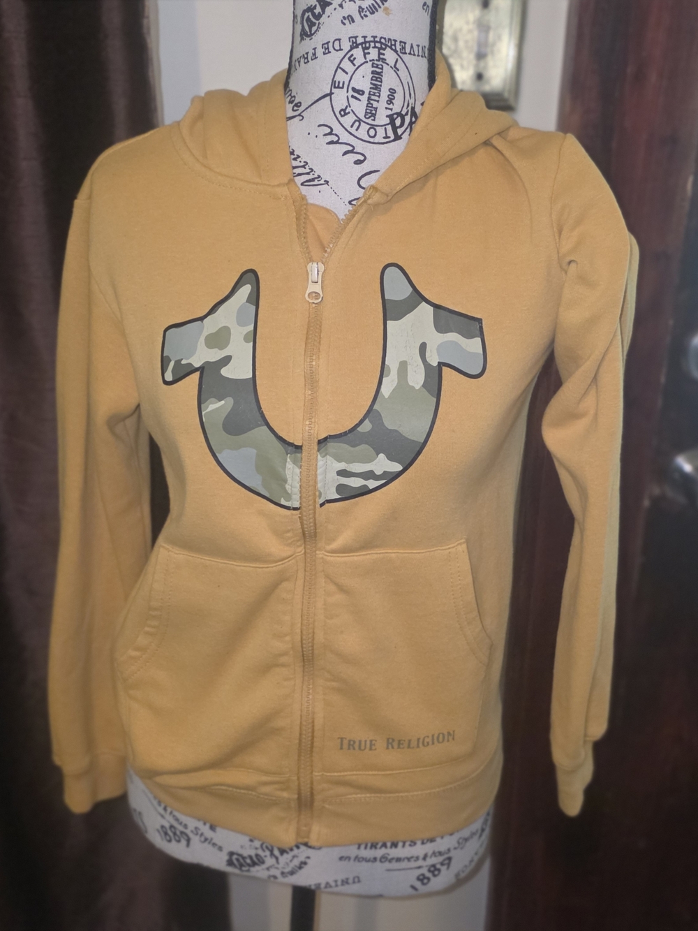 True Religion Mustard Yellow Zip-Up Hoodie with Camo Horseshoe Small